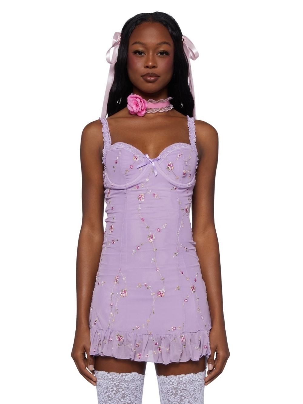Sugar Thrillz Lavender Floral Lace-Trim Mini Dress